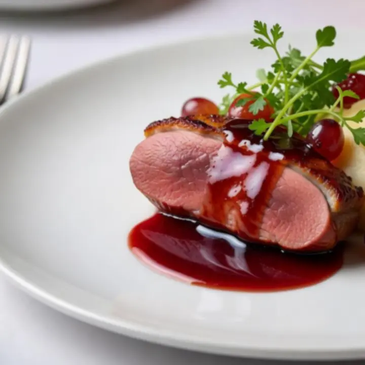 Fine dining stílusban tálalt főétel egy elegáns étteremben