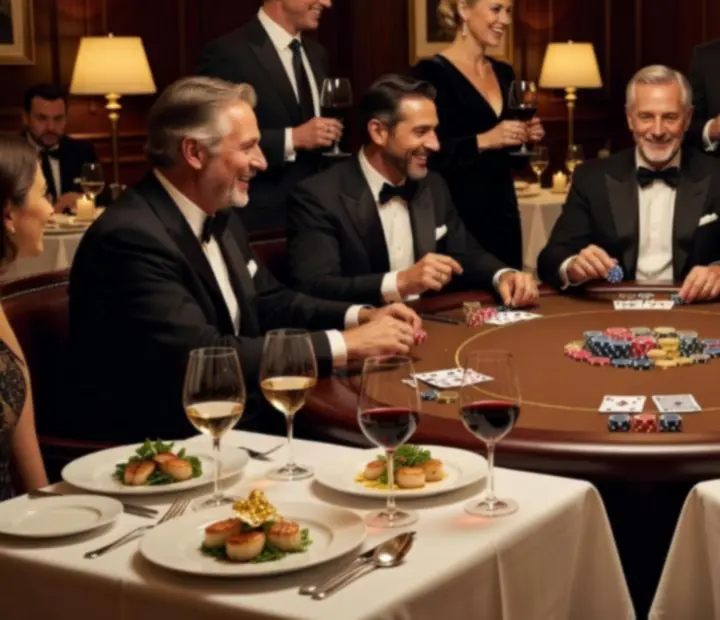 Gourmet fogások, borospoharak és elegánsan megterített pókerasztal egy hangulatos estén