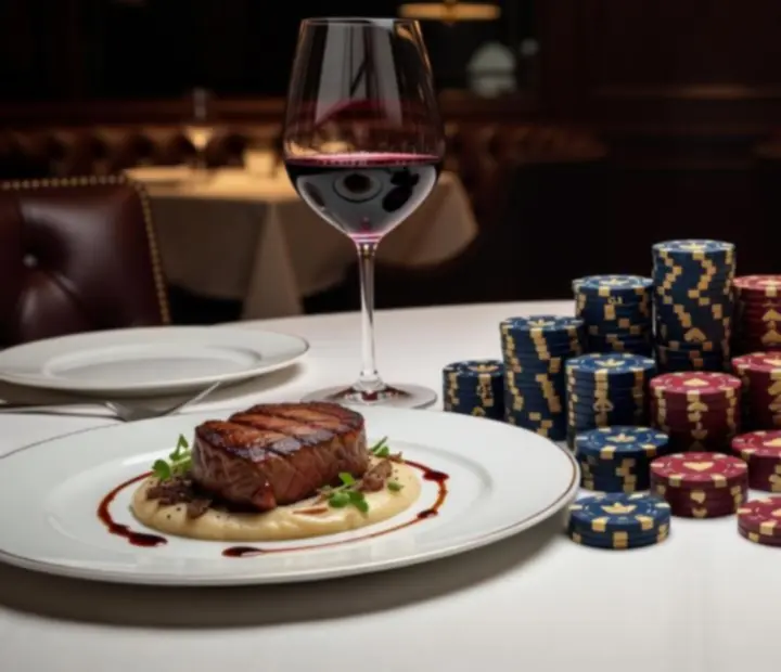Gourmet vacsora elegáns pókerasztal mellett, gyertyafényben tálalt fogásokkal.