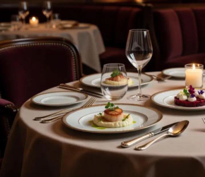 Elegáns, gyertyafényes fine dining asztal gourmet fogásokkal