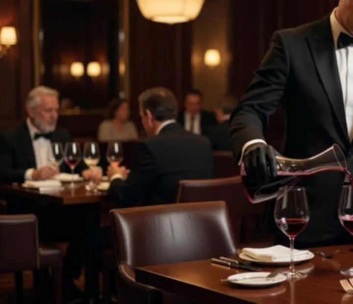 Sommelier elegáns borlounge asztalnál bort szervíroz